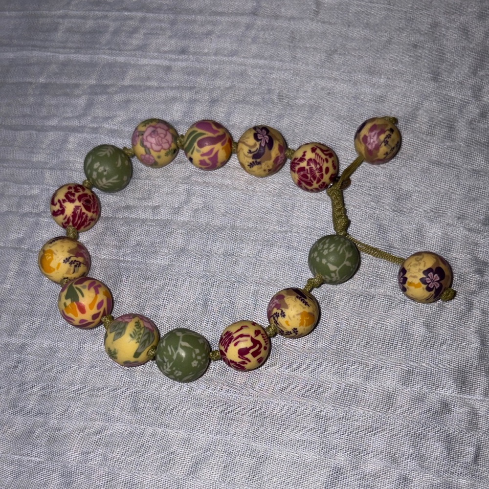 Vintage Viva Adjustable Polymer Clay Bead Bracelet Floral green yellow multi